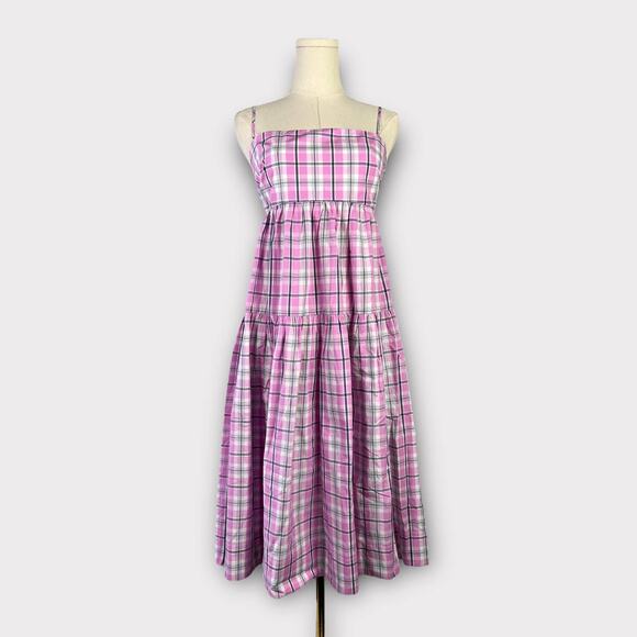 J.Crew Tie-back Tiered Poplin Dress in Violet Plaid Size 6 - Picture 3 of 10